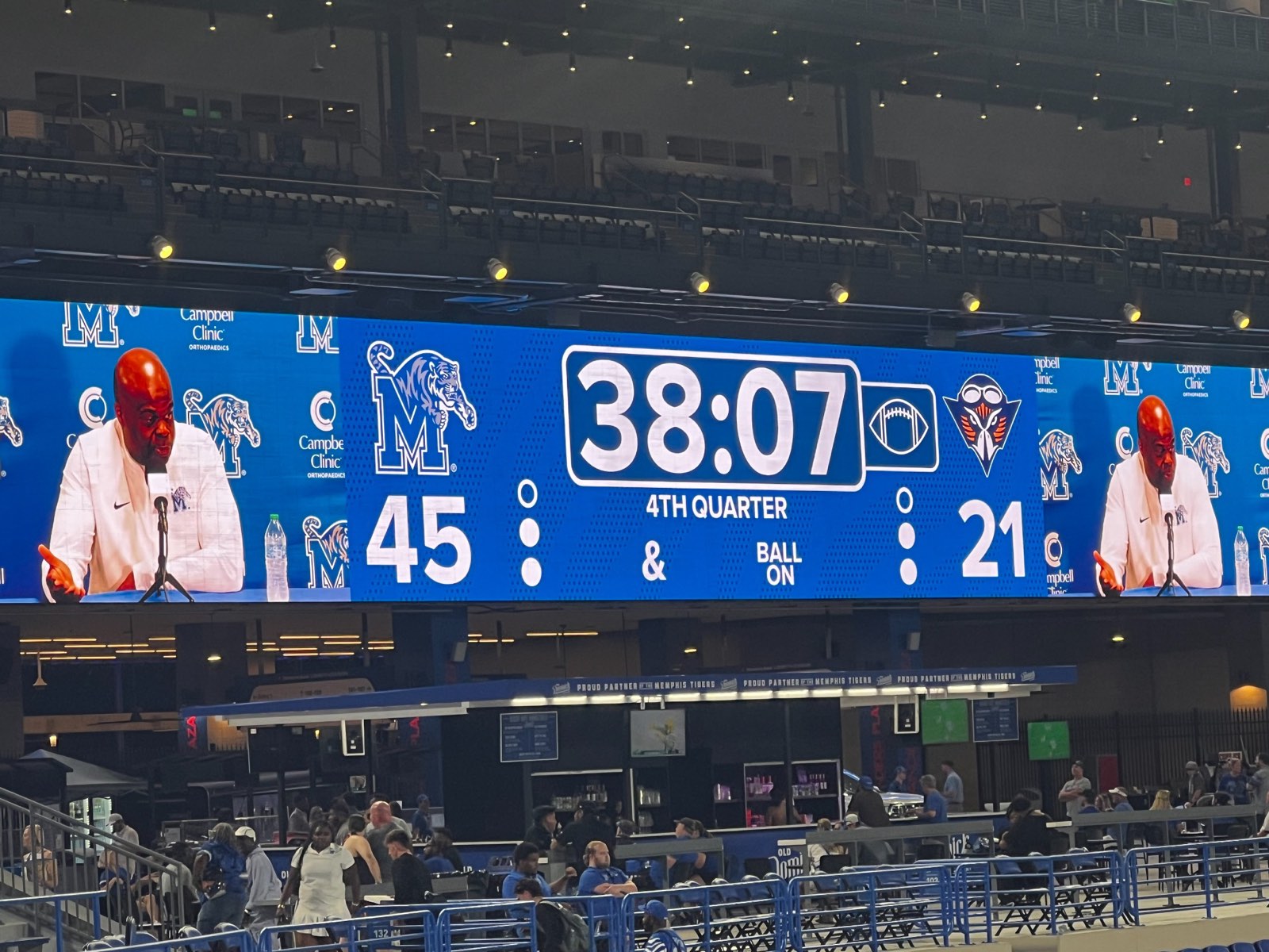 Memphis 45 and UT Martin 21 displayed on the Simmons Bank Liberty Stadium video board