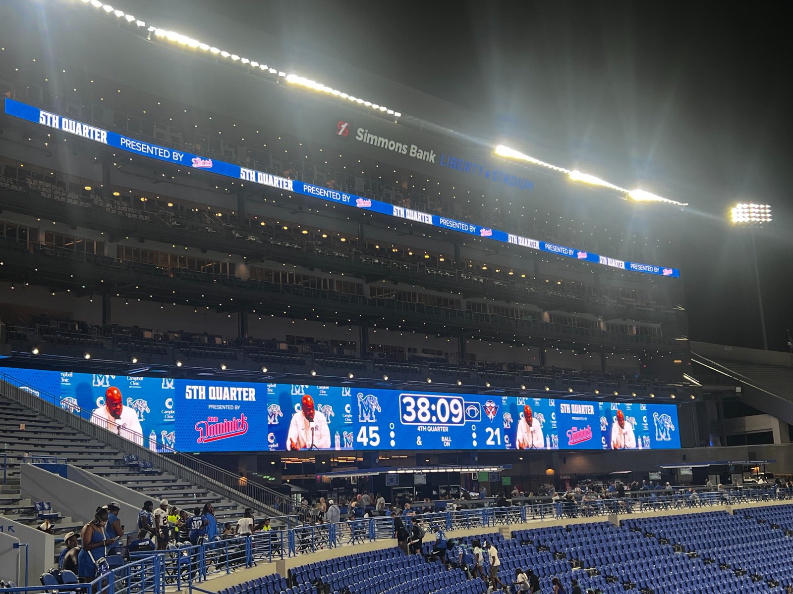 Simmons Bank Liberty Stadium video board showing Memphis' 45&ndash;21 victory over UT Martin